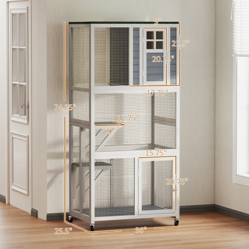 PawHut 74" Wooden Catio Outdoor Cat Enclosure Weatherproof & Wheeled, Outside Cat House with High Weight Capacity, Kitten Cage Condo, White