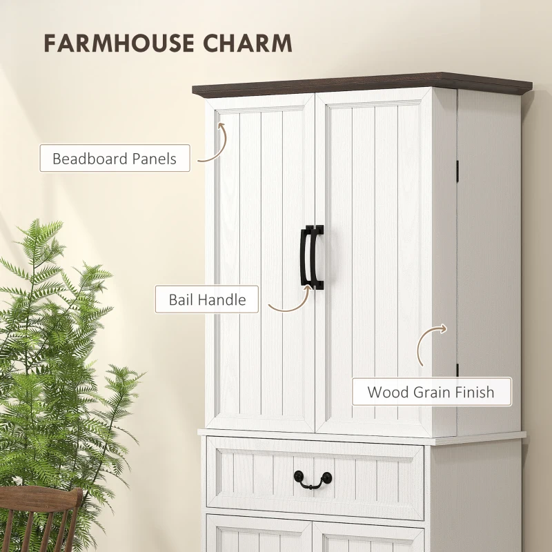 HOMCOM 71" LED Kitchen Pantry Cabinet, Farmhouse Storage Cabinet with Door Shelves, Distressed White