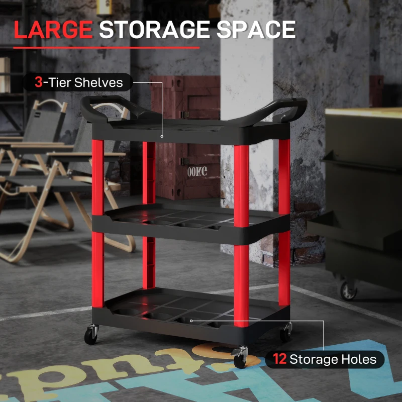 HOMCOM 3-Tier Rolling Tool Cart with Wheels, 200 LBS Capacity Plastic Utility Cart for Garage, Warehouse, Workshop, Black & Red