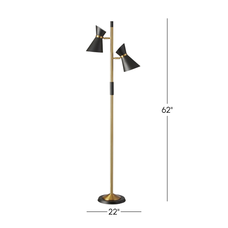 Axis Brassed Gold Floor Lamp with 4-Way Switch, Double Spots, Metal Base, 22" L x 10" W x 62" H, Black+Gold