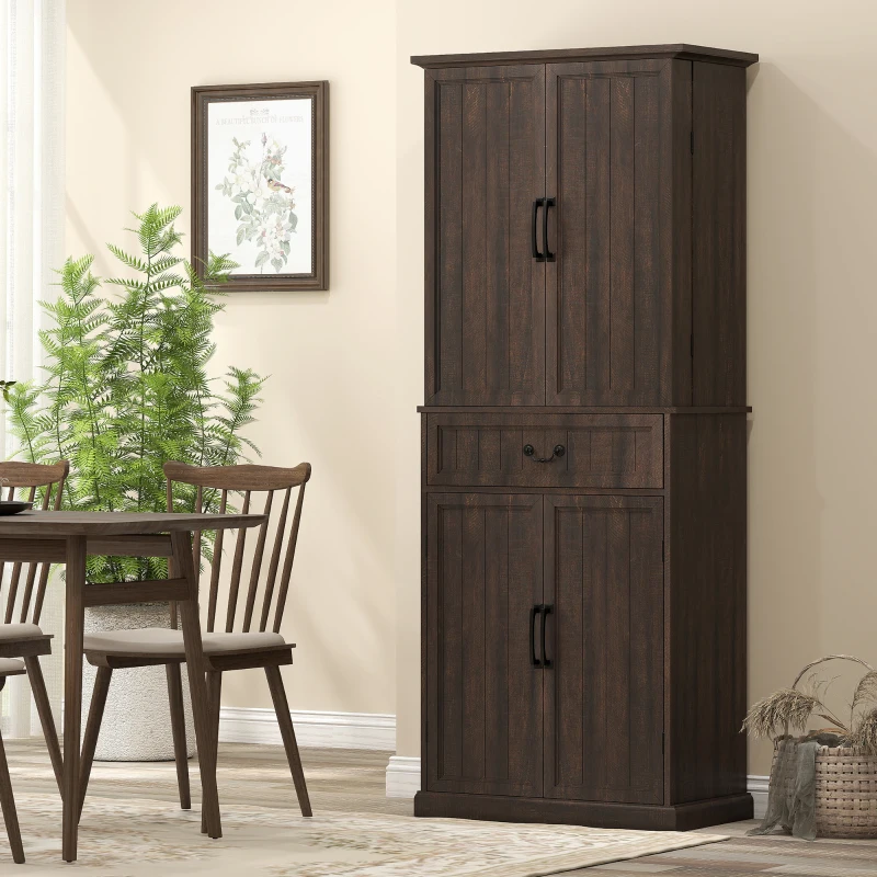 HOMCOM 71" LED Kitchen Pantry Cabinet, Farmhouse Storage Cabinet with Door Shelves, Distressed Brown