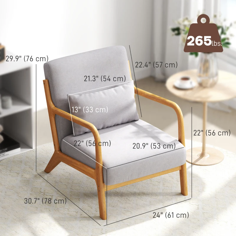 HOMCOM Fabric Lounge Chair, Velvet Armchair, Retro Accent Chair with Wood Legs and Thick Padding for Bedroom, Grey