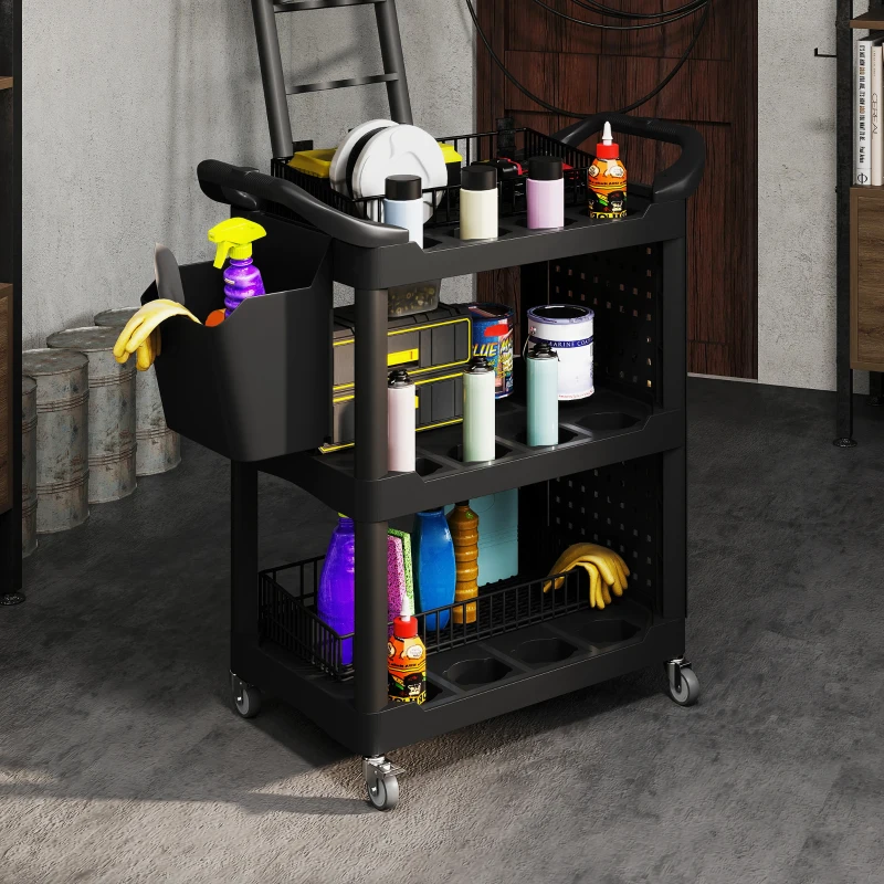 HOMCOM 3-Tier Rolling Tool Cart, 200 LBS Capacity Plastic Utility Cart with Side Shelf and Storage Bucket, Black