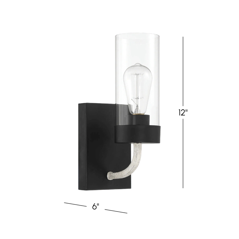 Zephyr Single Light Sconce with Clear Glass, Metal Finish, Modern Elegance 5" L x 6" W x 12" H, Black+Clear