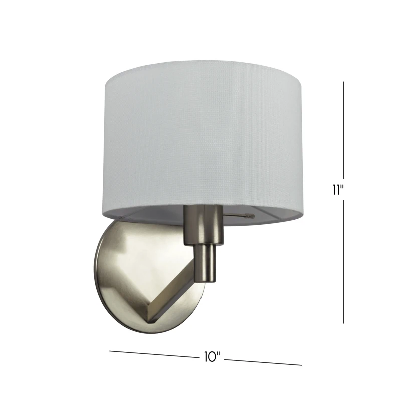 Modern Wall Lamp with Rotary Switch, Brushed Nickel Base, Fabric Shade, Ideal for Bedroom, Living Room, 9" L x 10" W x 11" H, Silver+White
