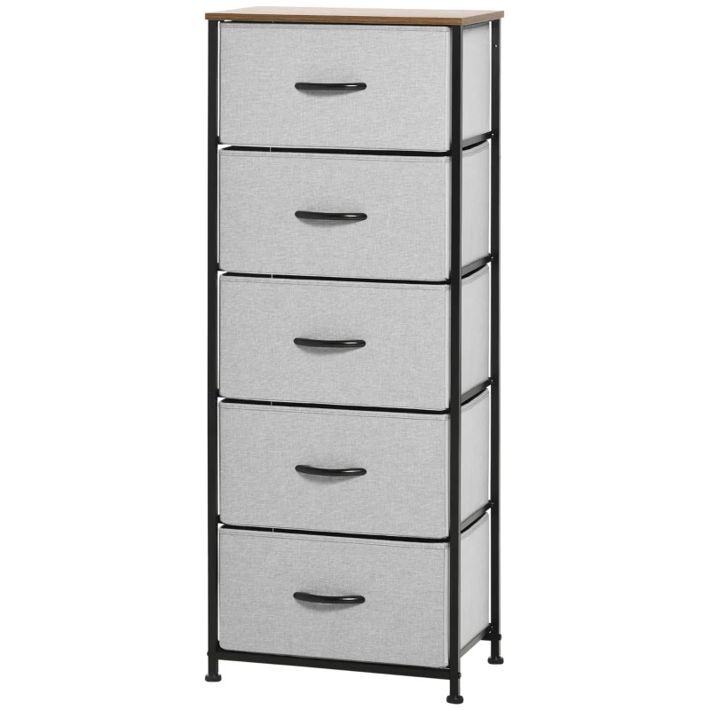 HOMCOM 5 Drawer Dresser for Bedroom, Tall Fabric Chest of Drawers with Steel Frame, Wood Grain Top and Handles, Grey