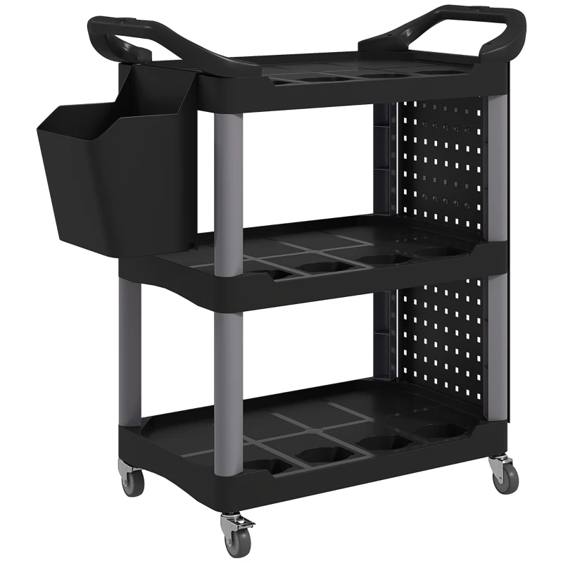 HOMCOM 3-Tier Rolling Tool Cart, 200 LBS Capacity Plastic Utility Cart with Side Shelf and Bucket, Black and Light Gray
