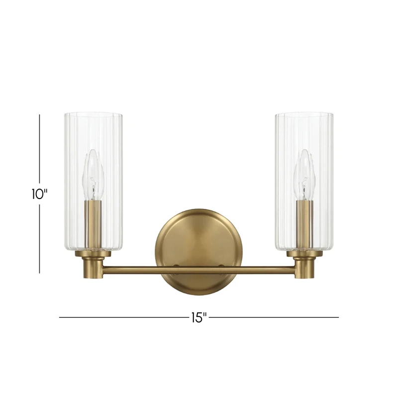 Regal Double Light Vanity with Clear Ribbed Glass, Satin Brass Finish, 15" L x 5" W x 10" H, Antique Brass+Clear