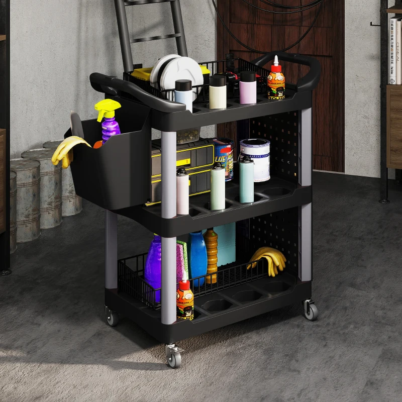 HOMCOM 3-Tier Rolling Tool Cart, 200 LBS Capacity Plastic Utility Cart with Side Shelf and Bucket, Black and Light Gray