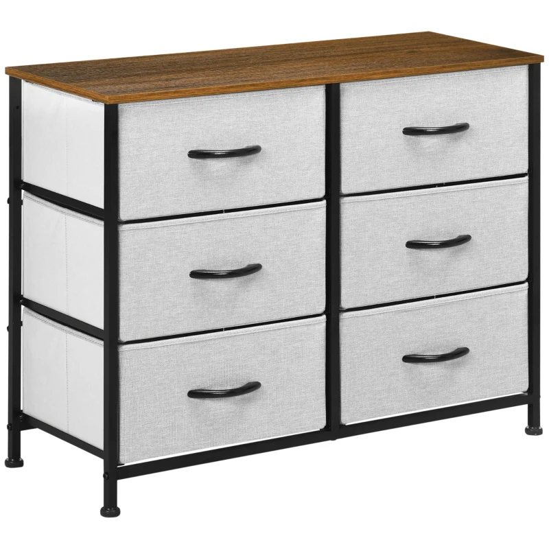 HOMCOM 6 Drawer Dresser for Bedroom, Fabric Chest of Drawers with Steel Frame, Wood Grain Top and Handles, Grey