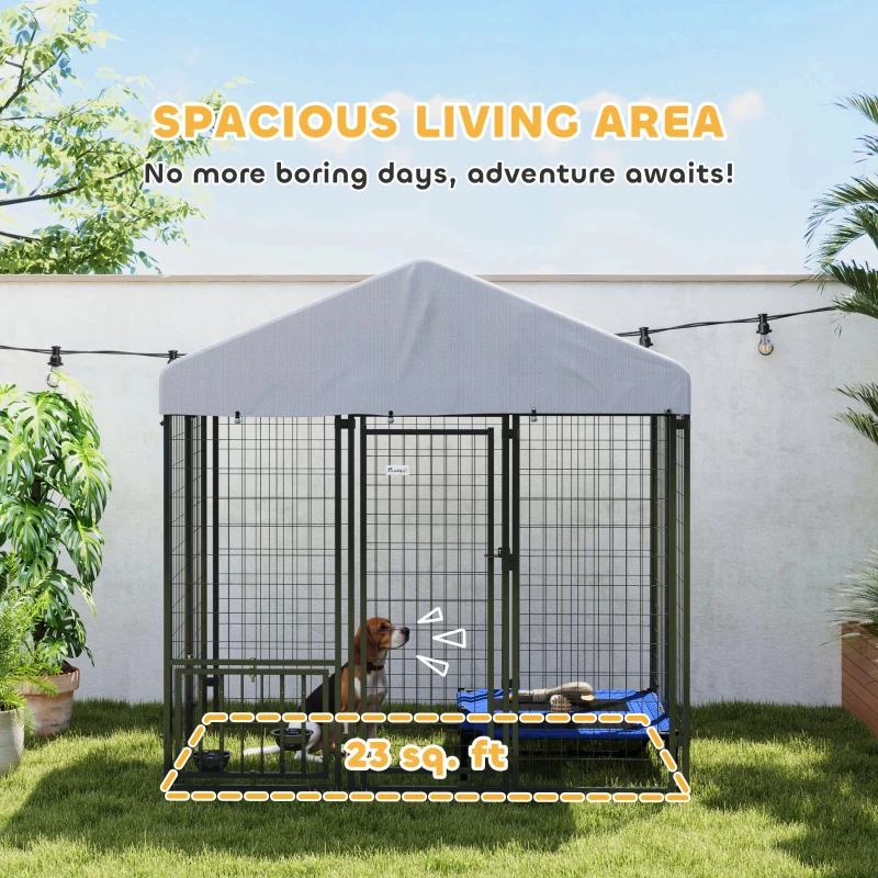 PawHut 5.9' x 4' x 6' Outdoor Dog Kennel with Roof, Rotating & 4-Level Adjustable Bowls