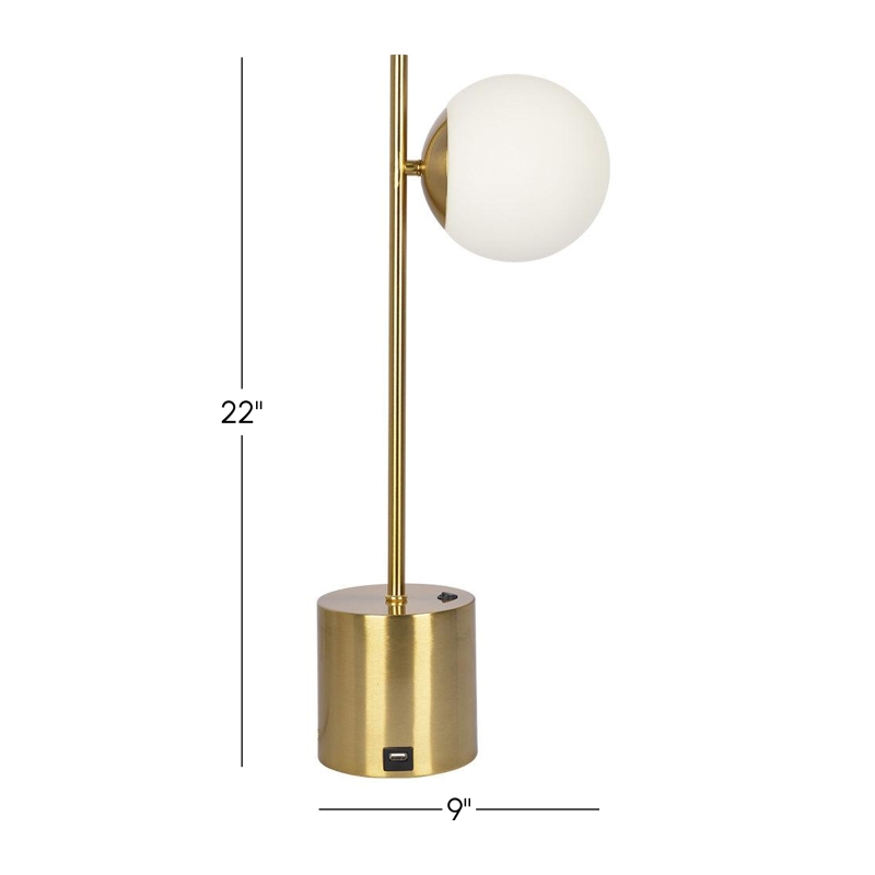 Ethereal Modern Brass Table Lamp with White Glass Globe Shade, Cozy Ambient Lighting, 6" L x 9" W x 22.0" H, Gold+White