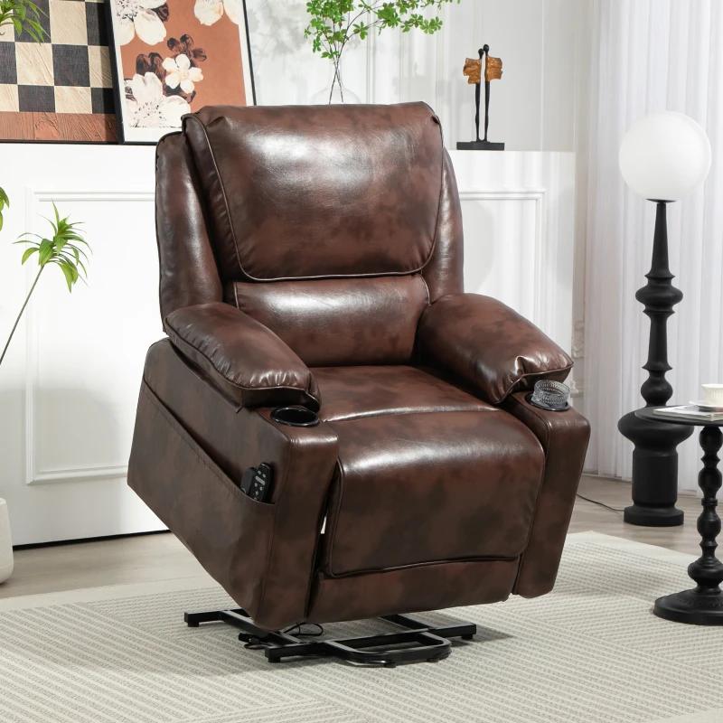 HOMCOM Power Lift Chair for Elderly, Faux Leather Recliner Sofa with Vibration Massage and Heat, Remote, Side Pockets, Brown(m-2)