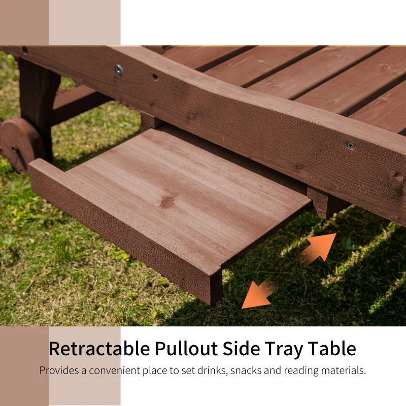 Outsunny Chaise Lounge Chair Outdoor Wooden Pool Lounge Chair with 3-level Adjustable Backrest, Built-In Table and Rolling Wheels, Sun Tanning Chair for Beach Poolside Sunbathing, Brown Red