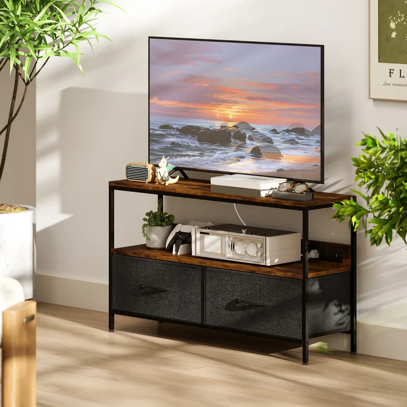 HOMCOM TV Stand with Charging Station, TV Table with 2 Foldable Linen Drawers and Open Shelf for 47 Inch TV, Rustic Brown