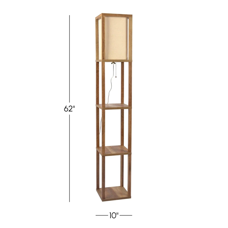 Pinnacle Shelf Floor Lamp with Built-in Shelves, Natural Wood and Long Shade, 10" L x 10" W x 62" H, Natural+White