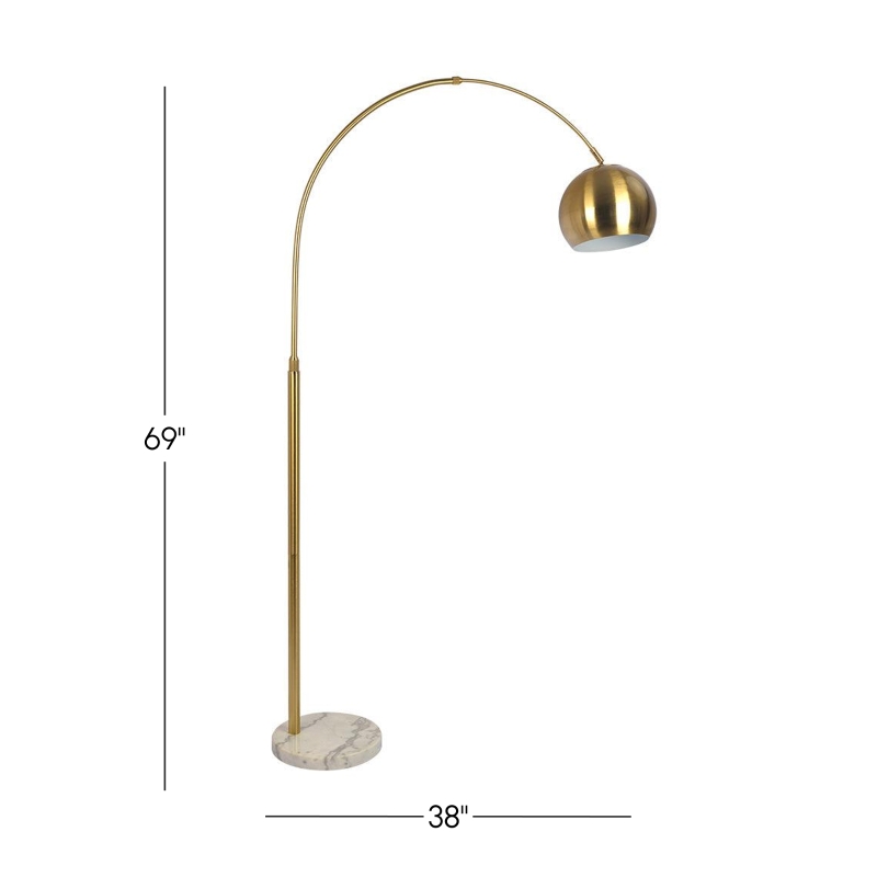 Oasis Long Arm Adjustable Floor Lamp with Round Marble Base, Brass Construction, 38" L x 11" W x 69" H, Gold+White