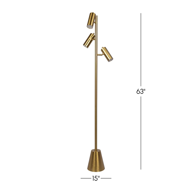 Lumina Brassed Floor Lamp with Rotary Switch, Triple Spotlights, Metal Cone Base, 15" L x 15" W x 63" H, Gold