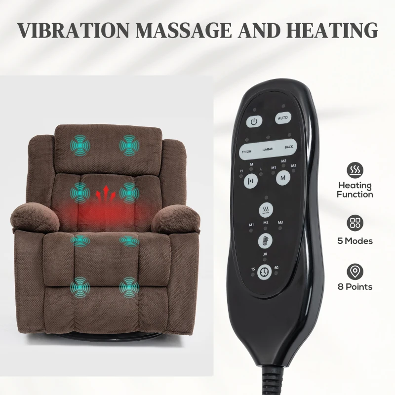 HOMCOM Recliner Massage Armchair with Heat, Oversized Swivel Rocker with Footrest, Remote and Side Pockets, Brown