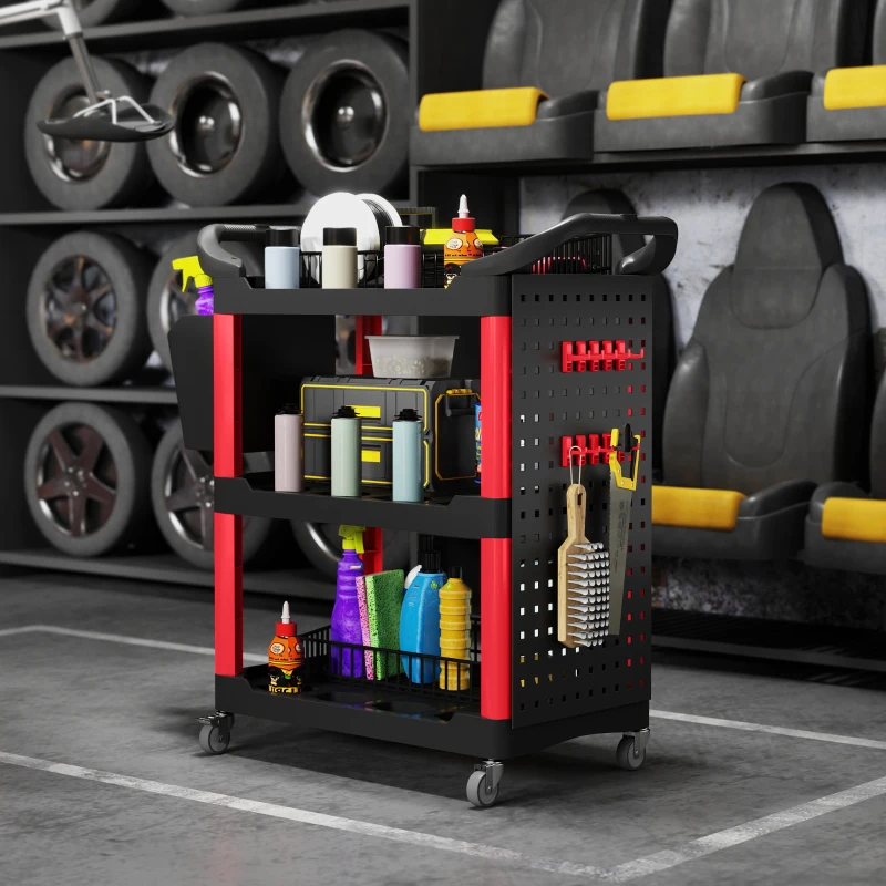 HOMCOM 3-Tier Rolling Tool Cart, 200 LBS Capacity Plastic Utility Cart with Side Shelf and Storage Bucket, Black & Red