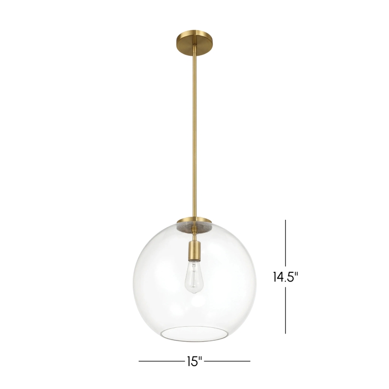Gleam Single Light Pendant Lamp with Clear Globe Glass, Satin Brass Finish, 15" L x 15" W x 14.5" H, Clear+Gold