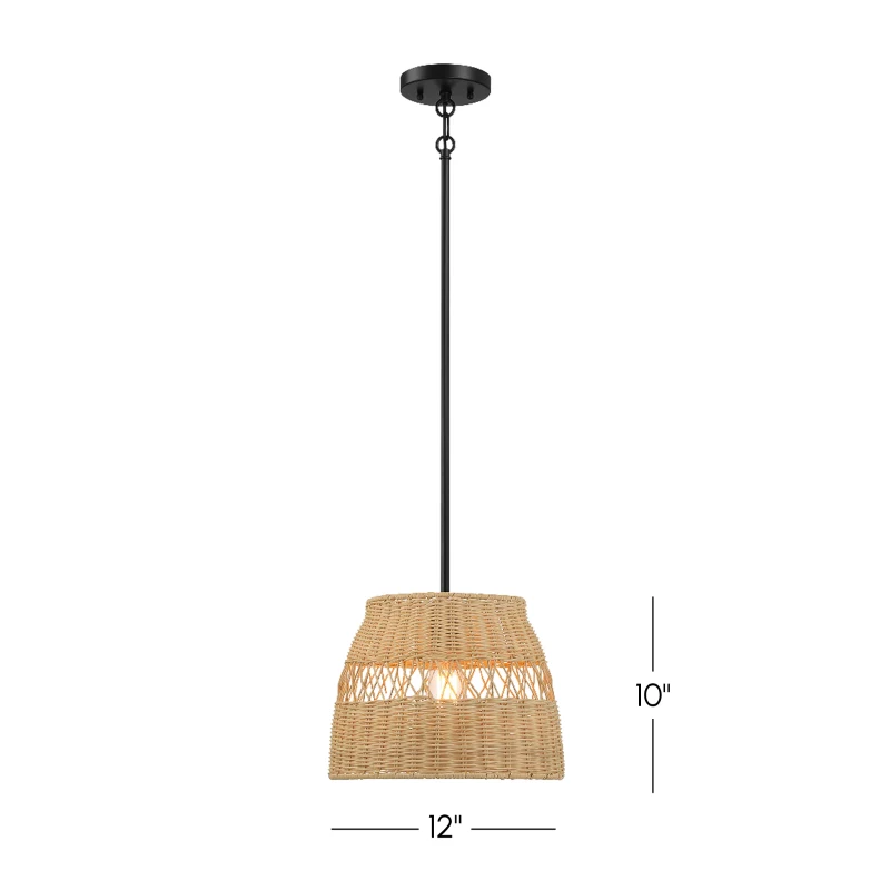 Farmhouse Style Single Light Pendant with Rattan Shade, Black Metal Finish, Ideal for Homer Decor, 12" L x 12" W x 10" H, Black