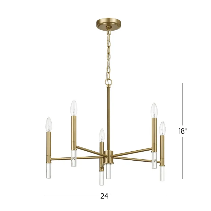 Courtyard Five Light Candle Light Chandelier with Elegant Design, Golden Brass Finish, 24" W x 24" L x 18" H, Clear+Gold