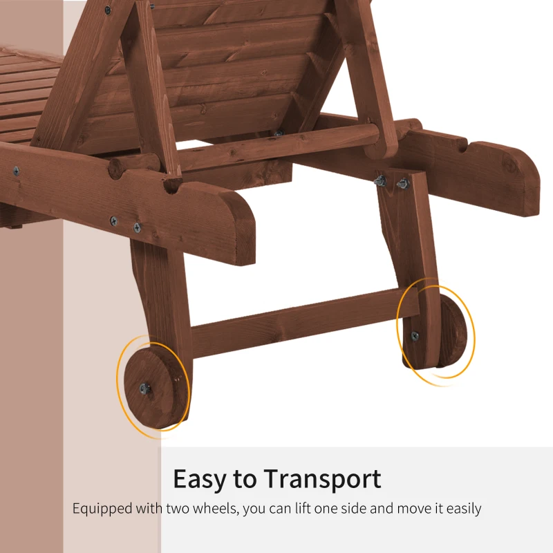 Outsunny Wooden Outdoor Lounge Chair, Adjustable Patio Outdoor Chaise Recliner Garden Furniture, Tanning Chair with Pull-out Tray and 2 Wheels, Brown