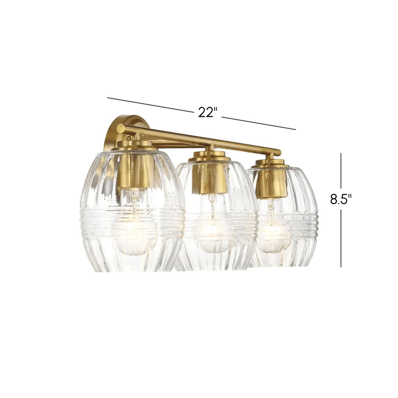 Luxurious Three-Light Vanity Wall Lamp with Clear Glass, Satin Brass Finish, Perfect for Bathroom Decor, 7.5" L x 22" W x 8.5" H, Clear+Gold