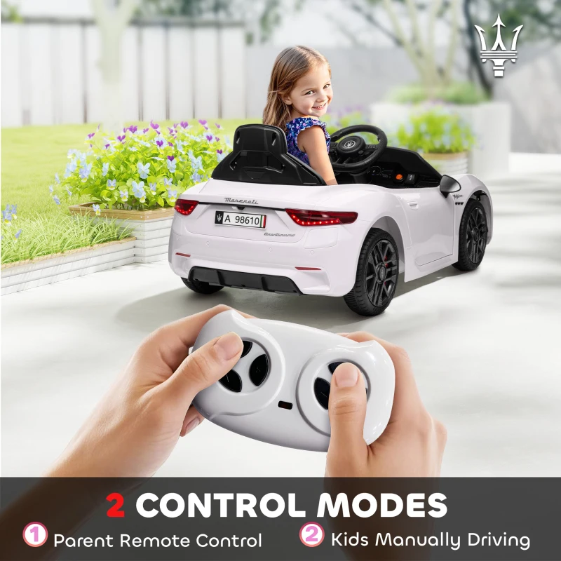 Qaba 12V Maserati Gran Turismo Licensed Kids Electric Car w/ Remote Control, Soft Start, LED Lights, Music, Horn, MP3, White