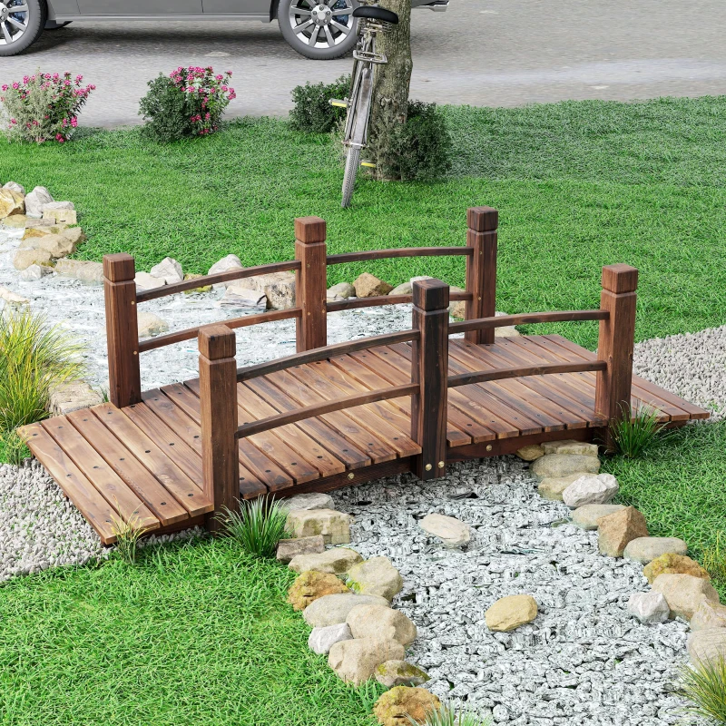 Outsunny 5FT Wood Garden Bridge Outdoor Decorative Landscape Side Rails Backyard Moon Bridge Park Decor Stained Wood