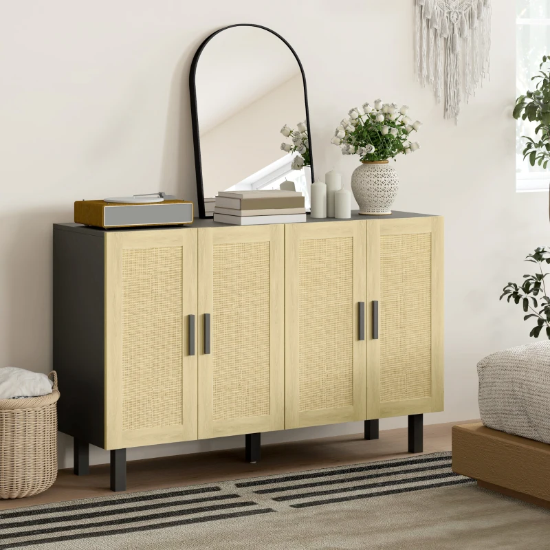 HOMCOM Boho Sideboard Buffet Cabinet, Storage Cabinet with 4 Rattan Doors and Adjustable Shelves, Black