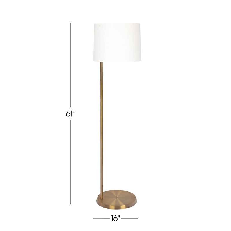Zenith Offset Brass Base Floor Lamp with Drum-Shaped Linen Shade, Elegant Living Room Lighting, 16" L x 16" W x 61" H, Gold+White