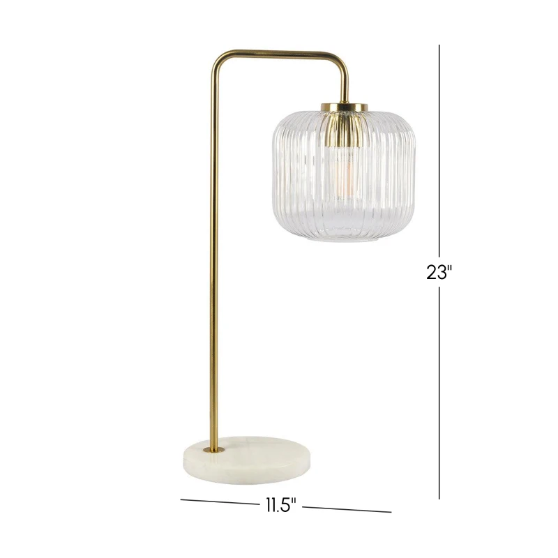 Haven Clear Glass Table Lamp with Gold Brush Metal and Marble Base, Button Control, 11.5" L x 8" W x 23" H, Gold+White