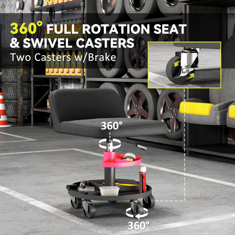 HOMCOM Rolling Creeper Garage Stool, 300 LBS Capacity Mechanic Stool with 360° Wheels, Tool Tray, Adjustable Height, Black