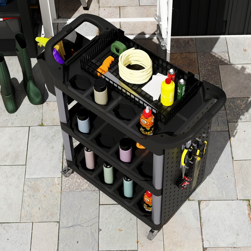 HOMCOM 3-Tier Rolling Tool Cart, 200 LBS Capacity Plastic Utility Cart with Side Shelf and Bucket, Black and Light Gray