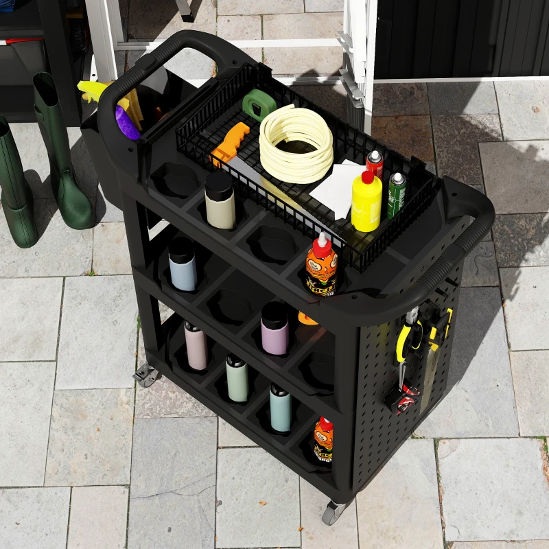 HOMCOM 3-Tier Rolling Tool Cart, 200 LBS Capacity Plastic Utility Cart with Side Shelf and Storage Bucket, Black