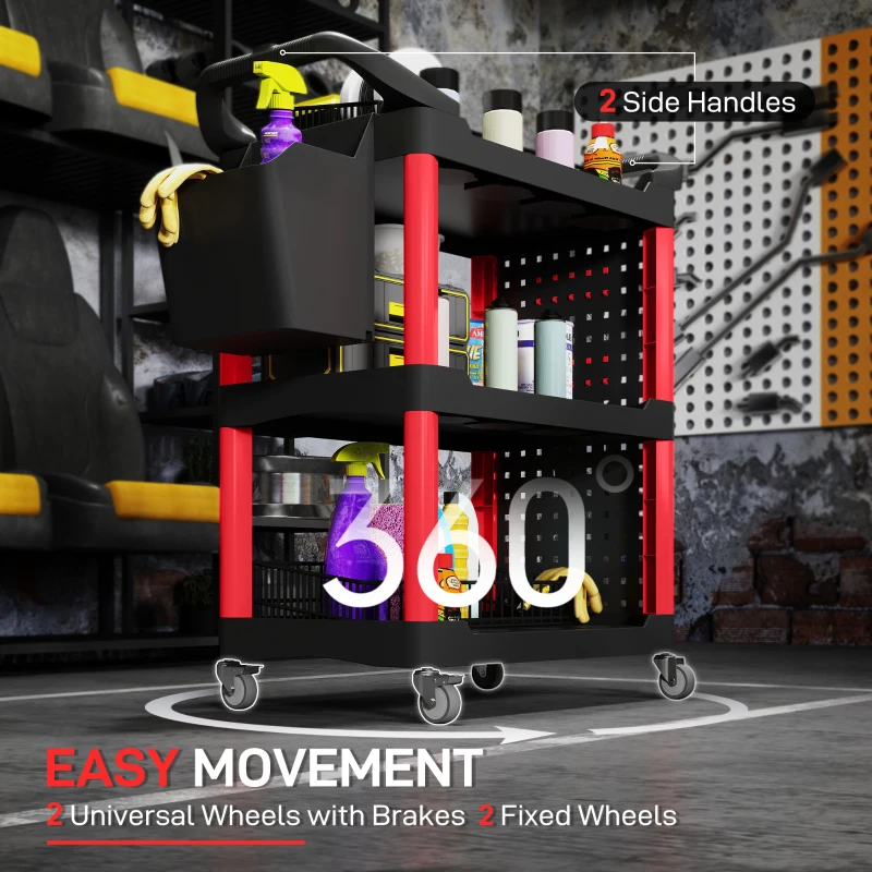 HOMCOM 3-Tier Rolling Tool Cart, 200 LBS Capacity Plastic Utility Cart with Side Shelf and Storage Bucket, Black & Red