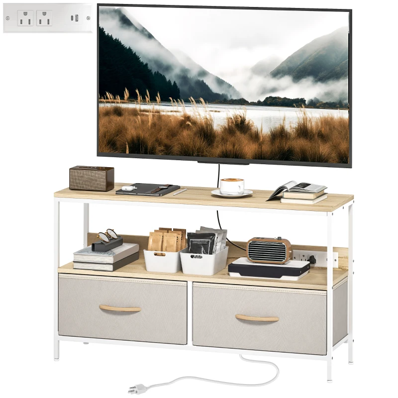 HOMCOM TV Stand with Charging Station, TV Table with 2 Foldable Linen Drawers and Open Shelf for 47 Inch TV, Oak