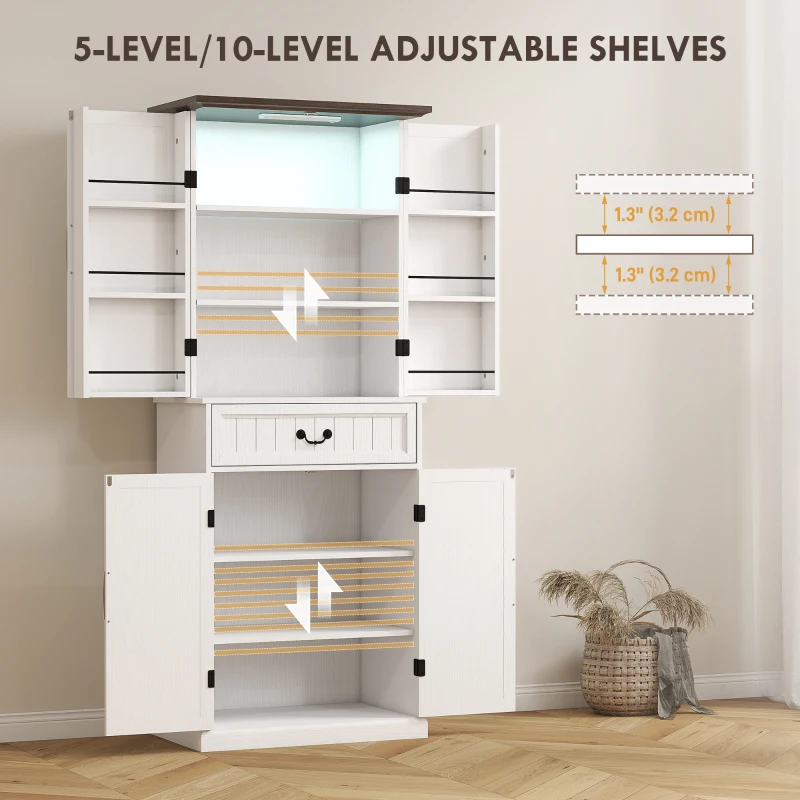 HOMCOM 71" LED Kitchen Pantry Cabinet, Farmhouse Storage Cabinet with Door Shelves, Distressed White