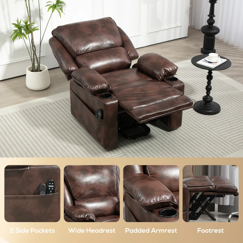 HOMCOM Power Lift Chair for Elderly, Faux Leather Recliner Sofa with Vibration Massage and Heat, Remote, Side Pockets, Brown(m-8)