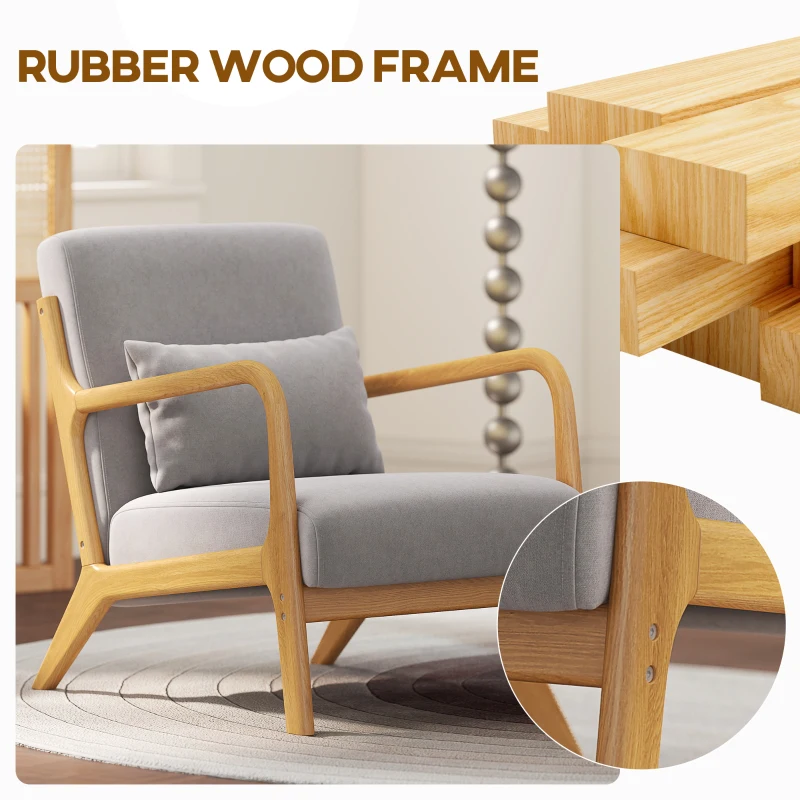 HOMCOM Fabric Lounge Chair, Velvet Armchair, Retro Accent Chair with Wood Legs and Thick Padding for Bedroom, Grey