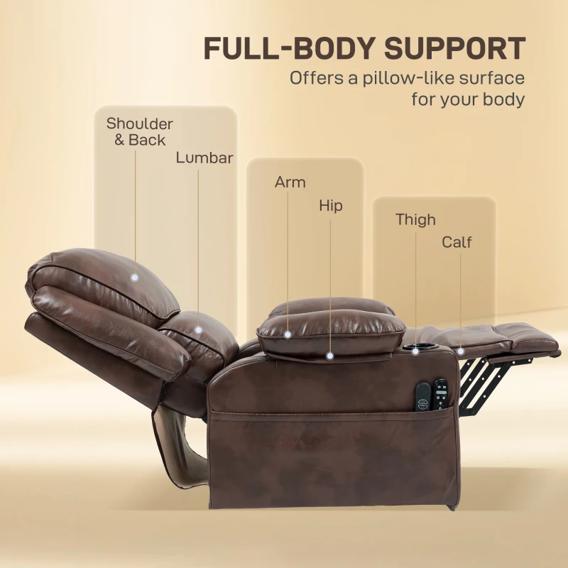 HOMCOM Power Lift Chair for Elderly, Faux Leather Recliner Sofa with Vibration Massage and Heat, Remote, Side Pockets, Brown(m-9)