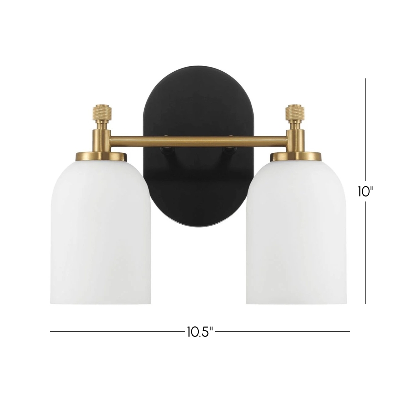 Vortex Two Lights Vanity Wall Sconce with White Frosted Glass, Traditional Style for Over Bathroom Mirror, 10.5" L x 5.5" W x 10" H, Gold+White