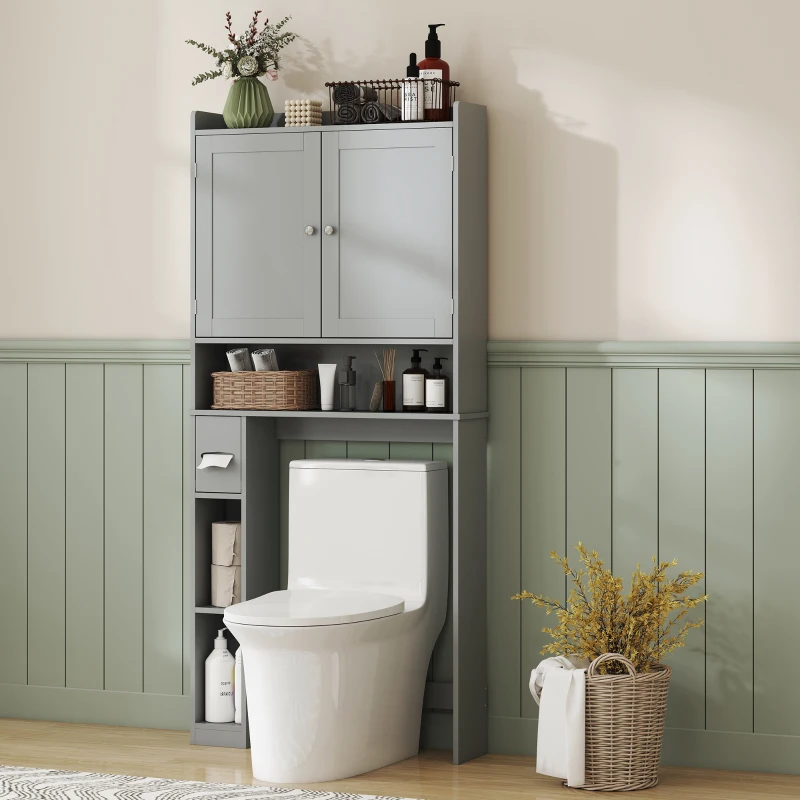 HOMCOM Modern Over the Toilet Storage Cabinet with 2 Doors, Above Commode Storage Cabinet with Toilet Paper Holder, Gray