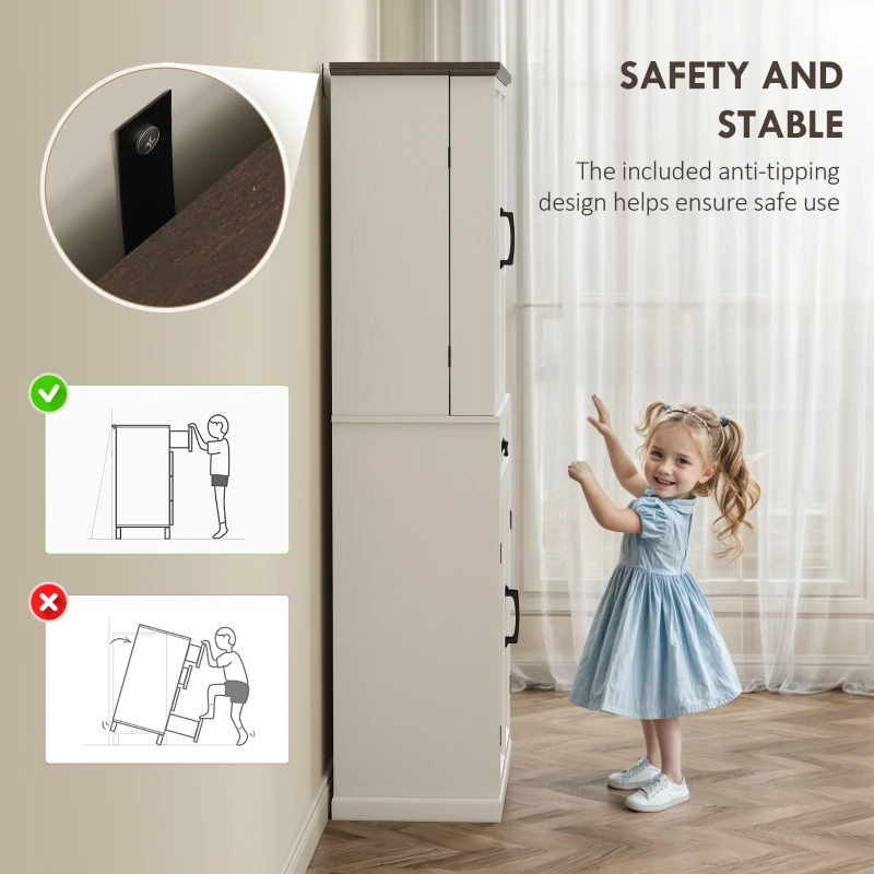 HOMCOM 71" LED Kitchen Pantry Cabinet, Farmhouse Storage Cabinet with Door Shelves, Distressed White