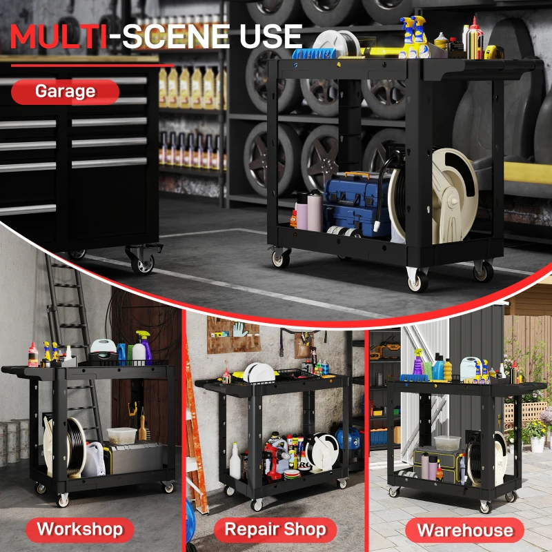HOMCOM 2-Tier Rolling Tool Cart with Wheels, 500 LBS Capacity Utility Cart with Handle, Mobile Service Tool Organizer, Black
