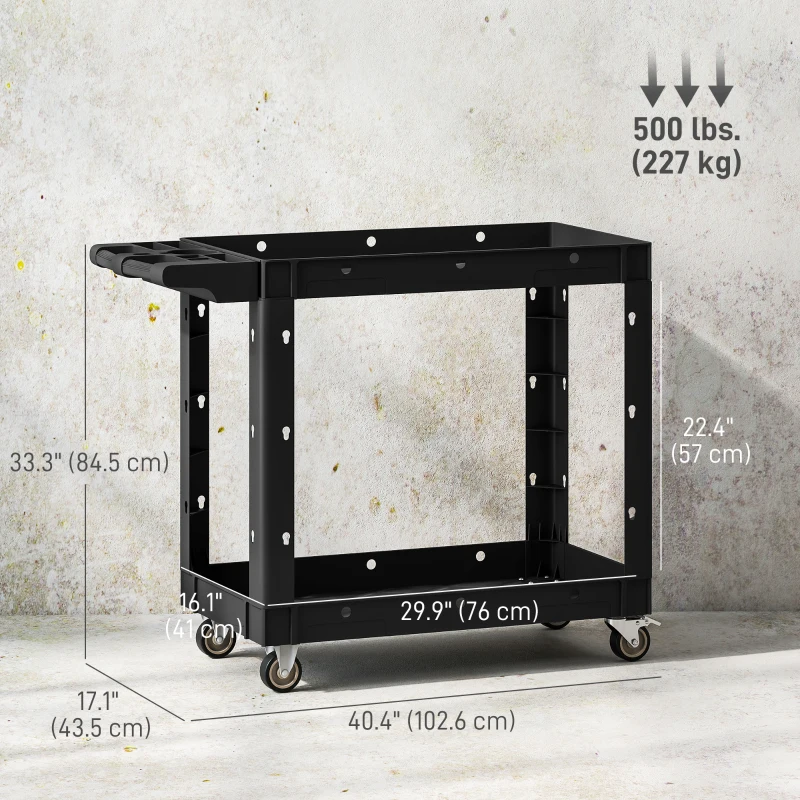 HOMCOM 2-Tier Rolling Tool Cart with Wheels, 500 LBS Capacity Utility Cart with Handle, Mobile Service Tool Organizer, Black