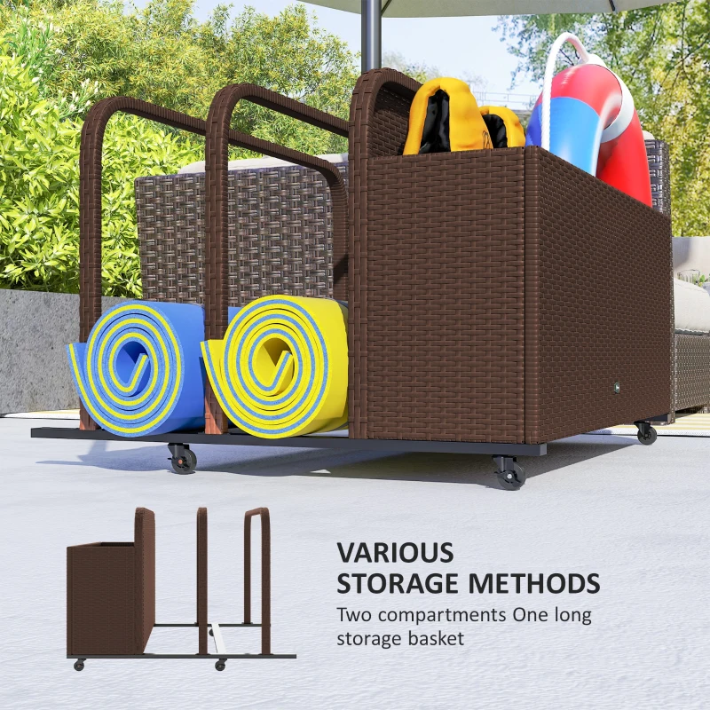 Outsunny Wicker Patio Pool Float Storage Basket, PE Rattan Outdoor Pool Caddy with Rolling Wheels for Floaties, Noodles, Life Vests, Beach Balls, Toys, Brown