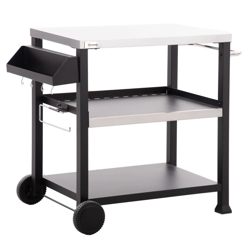 Outsunny 3-Shelf Outdoor Grill Cart Table with Side Handle, Stainless Steel Pizza Oven Stand on Wheels, Black